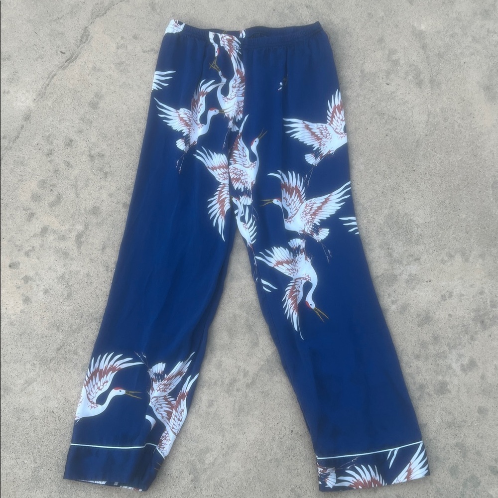 Silk Silky Women's Bird Design Blue Natural Silk PJ Bottom Pants Size S